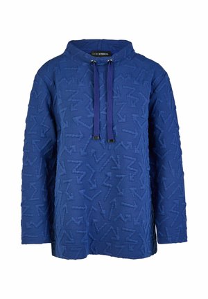 Blauer langärmeliger, strukturierter Pullover mit abstrakten erhabenen Mustern und einem runden Ausschnitt mit zwei hängenden blauen Kordeln.