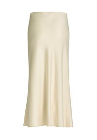 Jupe midi en satin couleur crème avec une légère évasement et une texture lisse, présentée sur fond blanc.