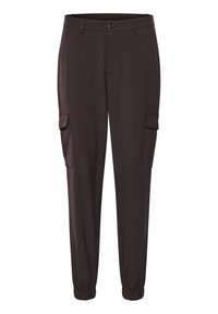 Pantalons cargo marron foncé avec une coupe ajustée, des poignets élastiques et des poches latérales. Fabriqués en tissu lisse avec une fermeture à bouton à la taille.