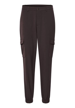 Donkerbruine cargobroek met een slanke pasvorm, elastische boorden en zijzakken. Gemaakt van soepel materiaal met een knoopsluiting op de taille.