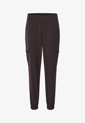 Tamsiai rudos spalvos cargo kelnės su siauru siluetu, elastingais rankogaliais ir šoniniais kišenėmis. Pagamintos iš lygios medžiagos, užsegamos mygtuku ties juosmeniu.