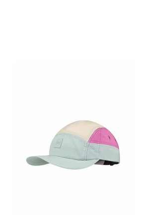 Hellblaues, beiges und rosa Baseballcap mit gebogenem Schirm und verstellbarem Riemen auf weißem Hintergrund.