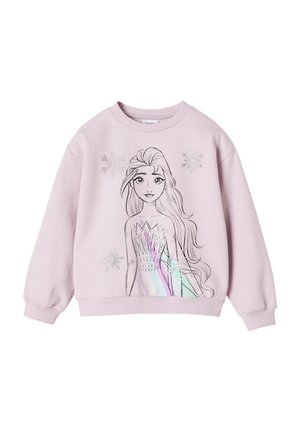 Helles rosa Sweatshirt mit rundem Halsausschnitt, langen Ärmeln, mit einem schwarz umrandeten Charakterdesign und silbernen Schneeflocken auf der Vorderseite.