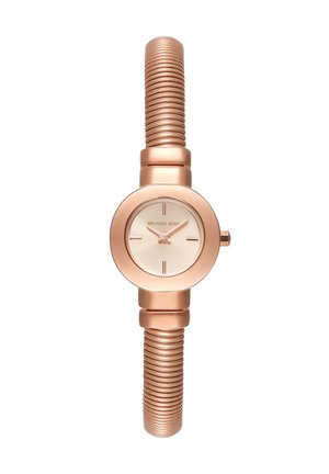 Michael Kors armbåndsur i rosaguldfarve med rund urskive, minimalistisk skive, ingen tal og et fleksibelt snoet metalarmbånd.