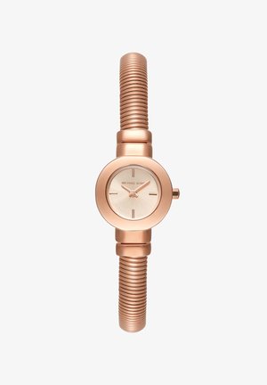 Michael Kors polshorloge in roségoud met een ronde wijzerplaat, minimalistische wijzerplaat zonder cijfers en een flexibele opgerolde metalen band.