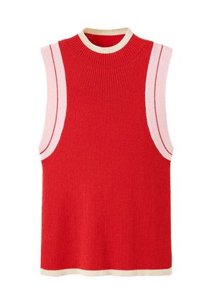 Haut tricoté rouge sans manches avec bordure crème au col et à l’ourlet, et bordure rose clair le long des emmanchures avec fines rayures rouges.