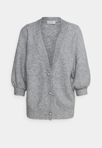 Graue gestrickte Strickjacke mit V-Ausschnitt, Knopfverschluss und Puffärmeln. Verfügt über eine strukturierte Textur und dekorative Knöpfe.