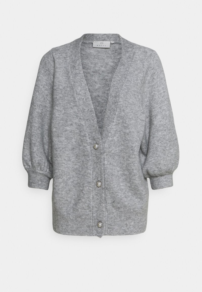 Graue gestrickte Strickjacke mit V-Ausschnitt, Knopfverschluss und Puffärmeln. Verfügt über eine strukturierte Textur und dekorative Knöpfe.
