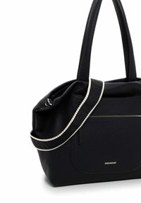 Black textured leather handbag with dual handles and a detachable shoulder strap featuring a white trim. A zippered front pocket is visible.