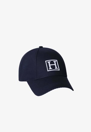 Navy blue baseball cap made of cotton, featuring a white embroidered letter "H" on a rectangular patch at the front. Structured design with a curved brim.
