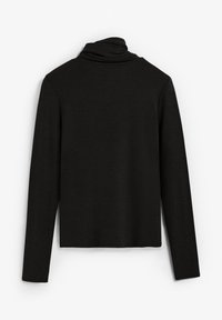Top negro de manga larga y cuello drapeado con un diseño ajustado y textura suave. Presenta una parte trasera sin costuras, sin cierres o patrones visibles.
