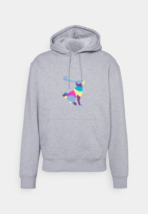 Grijze trui met capuchon, met een kleurrijk konijntjesontwerp in roze, blauw, geel en paars. Voorzien van een voorzak en geribbelde manchetten.