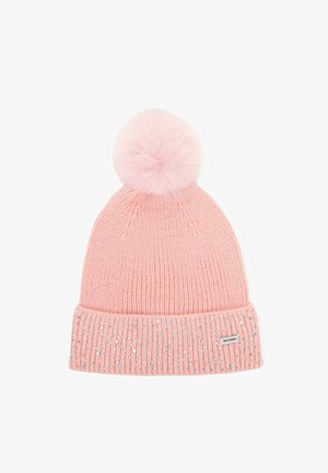 Cappellino rosa lavorato a maglia con texture a costine, caratterizzato da un pompon soffice sulla sommità e un risvolto decorato con paillettes. Include un'etichetta del brand.