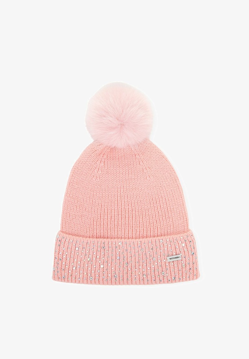 Różowa dziergana czapka z prążkowaną teksturą, z puszystym pomponem na czubku i mankietem ozdobionym cekinami. Zawiera metkę marki.