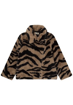 Brun og sort tigerstribet pelsjakke i imiteret pels med bred krave og asymmetrisk lynlås foran.
