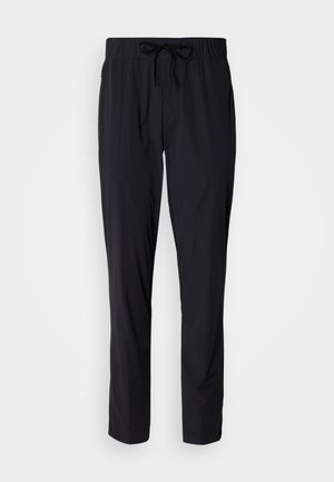 Pantaloni neri leggeri con vita elastica, coulisse regolabile e design a gamba dritta; texture liscia.