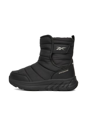 Black insulated ankle boot with quilted upper, thick sole, pull tab at heel, and "water resistant" label on the side.