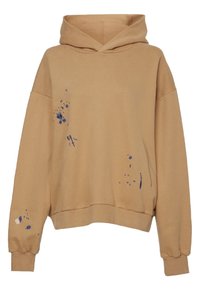 Sweatshirt beige à capuche avec une coupe ample. Comprend des détails de taches de peinture bleue à l'avant, des poignets côtelés et une texture douce.