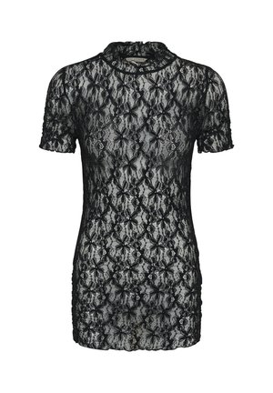 Top nero in pizzo a maniche corte con motivo floreale, collo alto arricciato e silhouette aderente.