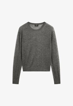 Grauer Strickpullover mit langen Ärmeln, Rundhalsausschnitt und verkürztem Saum. Weiche Textur und gleichmäßiges Strickmuster, mit minimalen Nähten.