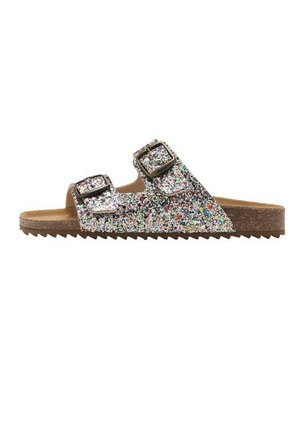 Sandalia de una tira con suela de corcho, dos tiras ajustables cubiertas de purpurina con hebillas metálicas y una suela de goma con patrón de zigzag.