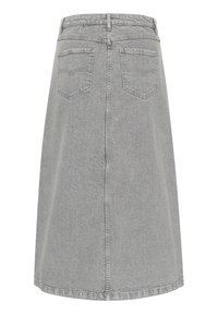 Siva denim A-linija krilo s srednjo dolgim krojem, ki ima dve zadnji žep in rahlo obrobljen detajl. Čiste, preproste linije z minimalnim šivanjem.