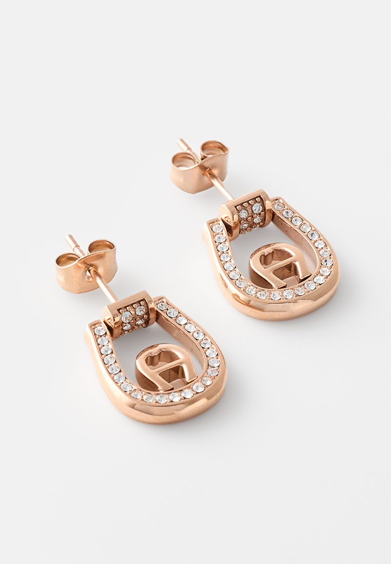 Ohrringe aus Roségold im Hufeisen-Design, verziert mit klaren Rhinstonen am Rand und einem sicheren Steckverschluss.