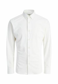 Camicia leggera bianca a maniche lunghe realizzata in tessuto liscio, con colletto classico, chiusura frontale a bottoni e polsini standard. Senza motivi o dettagli.