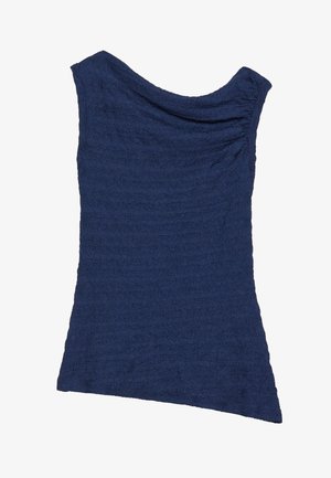 Tamsiai mėlynas be rankovių mėgstinis su drapiruota iškirpte, tekstūruota medžiaga su subtiliu griovelių raštu ir asimetriška apykakle.