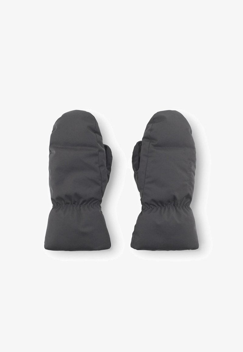 Muffole isolate di colore grigio scuro con un design imbottito, polsini elastici e una texture liscia. Adatte per il freddo.