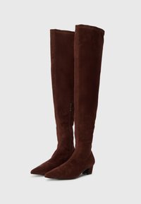 Bottes en daim marron au-dessus du genou avec un bout pointu et un petit talon carré. Comprend une fermeture éclair latérale pour un enfilage facile. Texture lisse et design épuré.