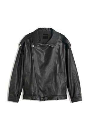 Black faux leather biker jacket with zipper details, belted waist, snap-button shoulder epaulets, and front pockets, laid flat.
