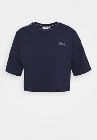 Navy blue cropped t-shirt made of cotton with short sleeves, featuring a white FILA logo on the chest and contrasting stripes on the neckline.