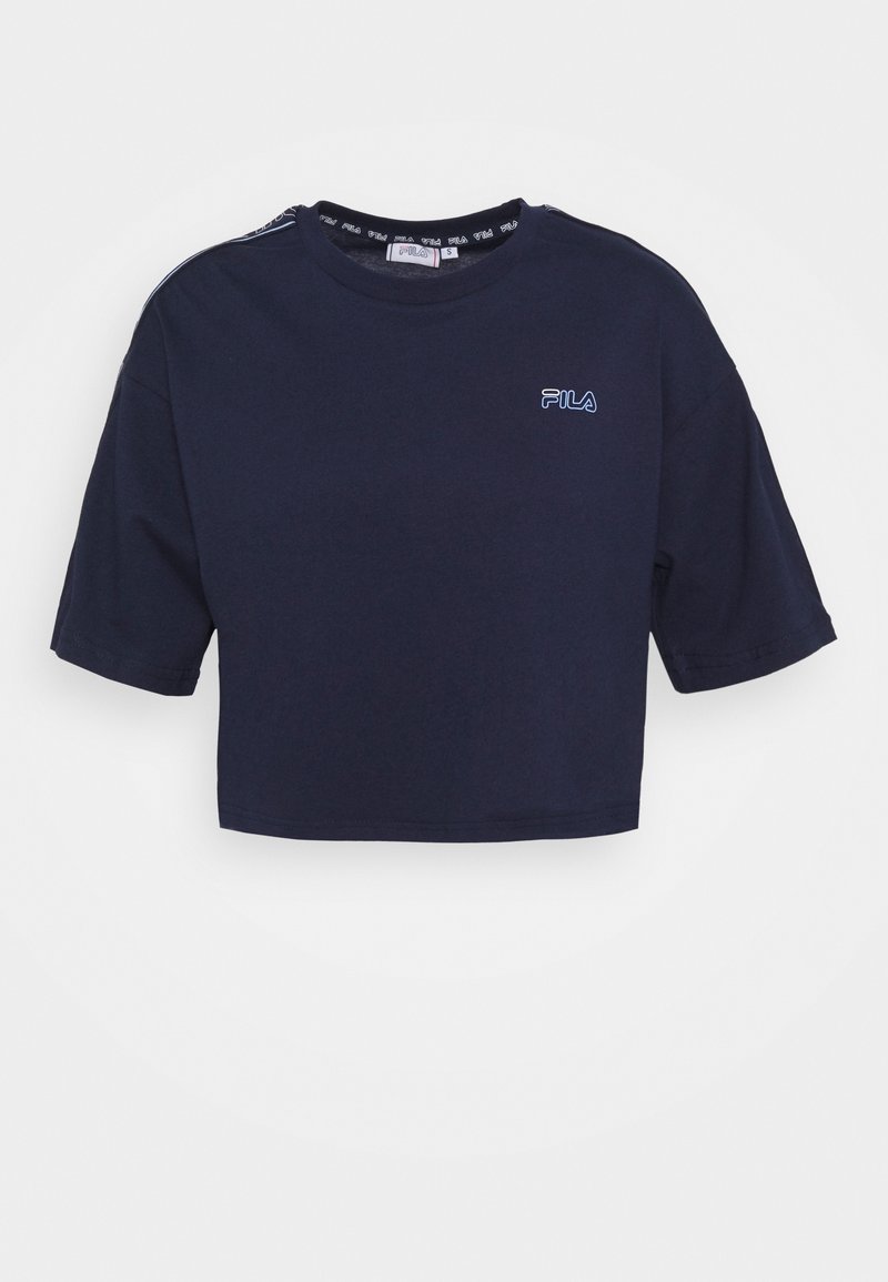 Navy blue cropped t-shirt made of cotton with short sleeves, featuring a white FILA logo on the chest and contrasting stripes on the neckline.