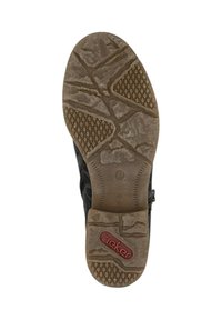 Semelle de chaussure noire avec surface en caoutchouc texturé ; présente un motif de semelle et un logo "rieker" rouge. Taille 37 indiquée au niveau du talon.