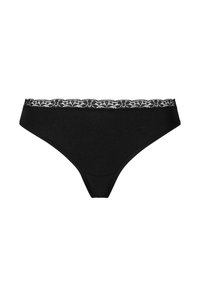 Thong noir en tissu doux, avec une finition en dentelle au niveau de la taille, texture lisse et design minimaliste. Convient pour un usage quotidien.