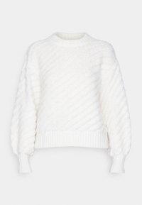 Maglione bianco lavorato a maglia con un motivo diagonale testurizzato, dotato di scollatura rotonda e polsini e orlo a costine. Materiale morbido e soffice.
