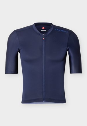 Maillot de cyclisme bleu marine à manches courtes avec fermeture éclair complète à l'avant, logo « Castelli » sur l'épaule, et petit emblème rouge au col.