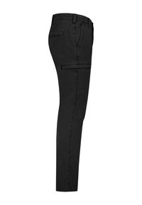 Black tapered pants made of lightweight fabric. Features side pockets and a smooth texture. Design includes a slight sheen and slim fit.