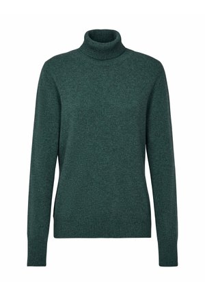 Donkergrijze coltrui, geribbelde boorden en onderkant, zachte textuur, lange mouwen en een getailleerde pasvorm.