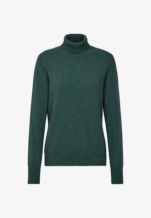 Ciemnozielony sweter z wysokim kołnierzem, z prążkowanymi mankietami i dołem, miękka tekstura, długie rękawy i dopasowany krój.