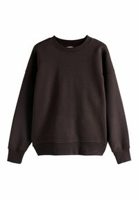 Brun sweatshirt med rund halsringning och långa ärmar, ribbade muddar och en texturerad yta. Enkelt, minimalistiskt design med avslappnad passform.