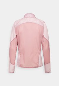 Veste rose clair à manches longues avec empiècements en mesh aux épaules, aux manches et sur les côtés, vue de dos sur fond blanc.
