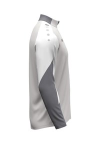 Sportshirt met lange mouwen in lichtgrijs en donkergrijs. Bevat een hoge kraag, contrasterend schouderontwerp en knoopaccenten op de schouders.