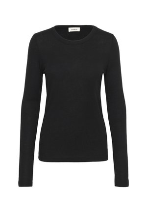 Zwarte langarm t-shirt gemaakt van zachte stof. Heeft een ronde halslijn en een getailleerd silhouet. Eenvoudig ontwerp, geen patronen of accenten.