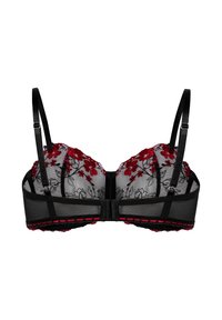 Schwarzer Spitze-BH mit roter Blumenstickerei. Satinstraps und Unterbrustband mit Kontrastnähten. Haken- und Ösenverschluss hinten.