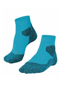 Par de calcetines tobilleros azules con áreas de talón, puntera y suela reforzadas en negro, mostrados uno al lado del otro sobre un fondo blanco.