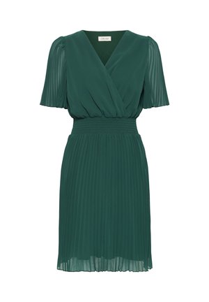 Dunkelgrünes knielanges Kleid mit plissierten kurzen Ärmeln, Wickel-V-Ausschnitt, geraffter Taille und plissiertem Rock.