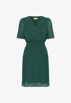 Ciemnozielona sukienka do kolan z plisowanymi krótkimi rękawami, kopertowym dekoltem w serek, marszczoną talią i plisowanym dołem.