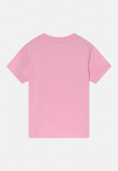Plain light pink short-sleeve cotton t-shirt, shown from the back, with a round neckline and simple hem stitching.